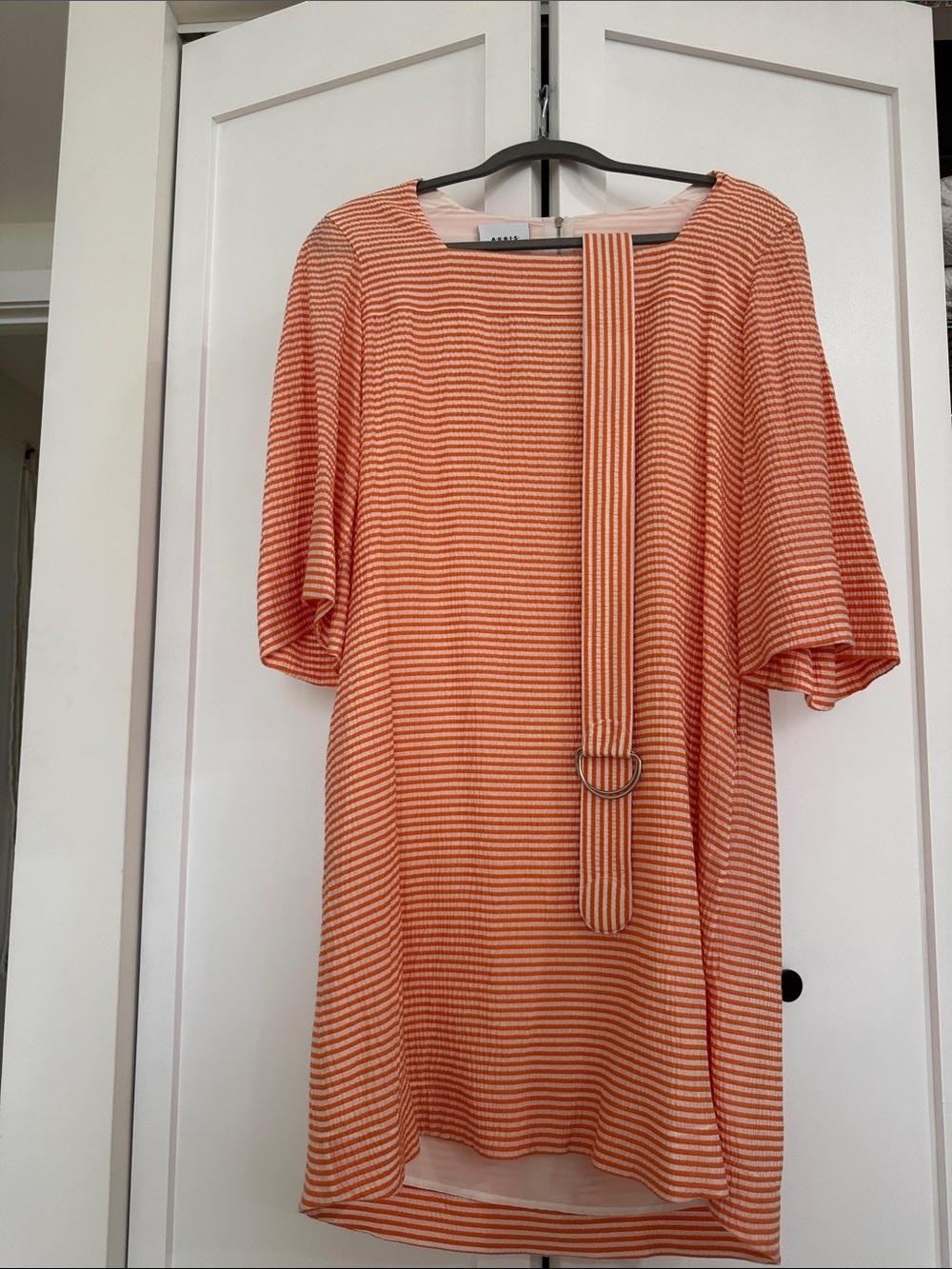 Akris Punto Orange and White Striped Midi Dress with D‑Ring Belt